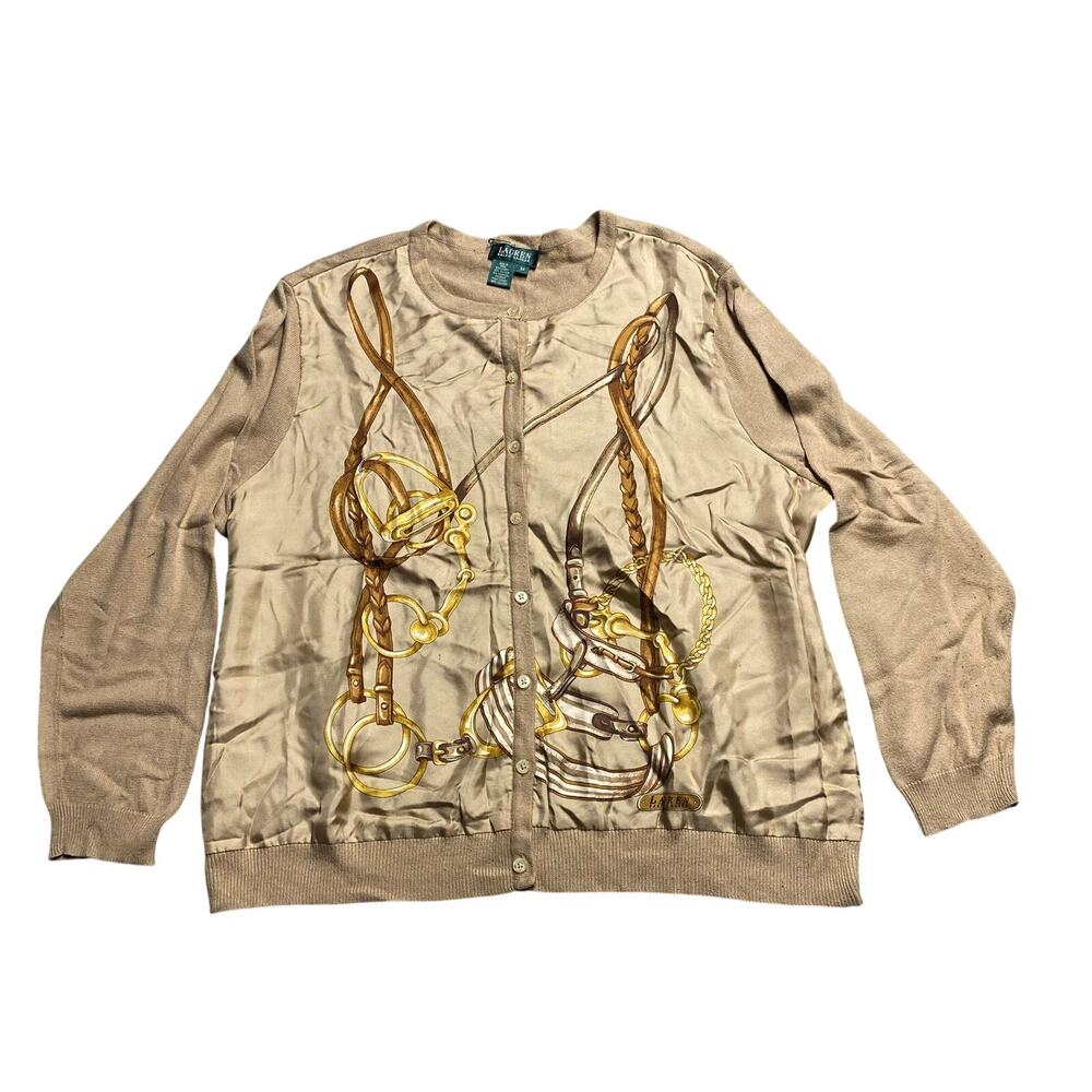 Womens Silk Cashmere Cardigan Lauren Ralph Lauren Size 3X Tan Equestrian Brown
